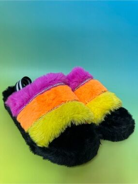 Fuzzy Colorblock Slide Sandals Pink Orange Yellow